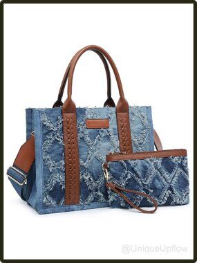 Vegan Leather Denim Tote Bag Satchel Wristlet Set Purse Blue Quilted Diamond